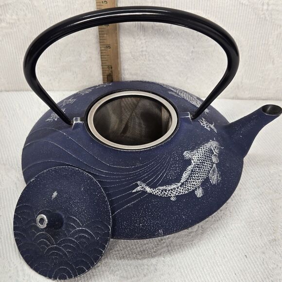 Teavana Japanese Blue Koi Fish Cast Iron Tea Pot Handmade Prosperity - Picture 10 of 10